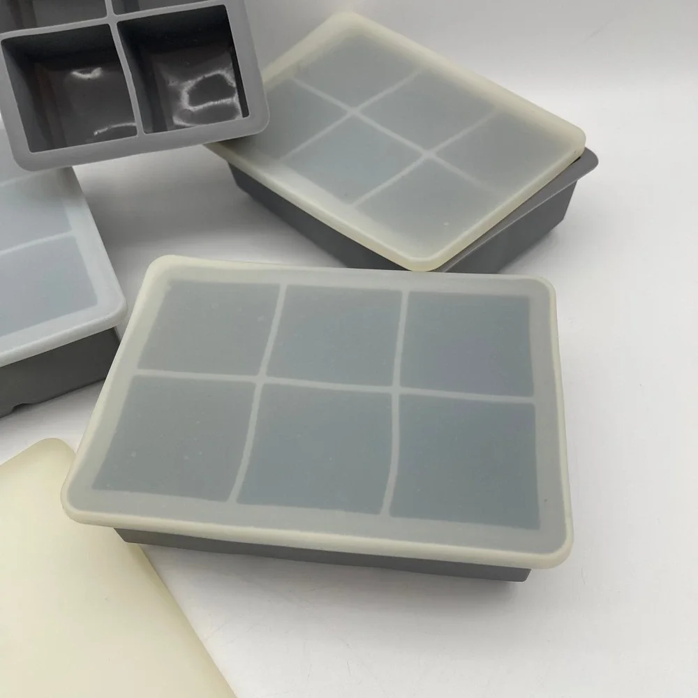 Grey Silicone Ice Cube Tray Set of 4 with Lids Square Large Molds 6-Cavity